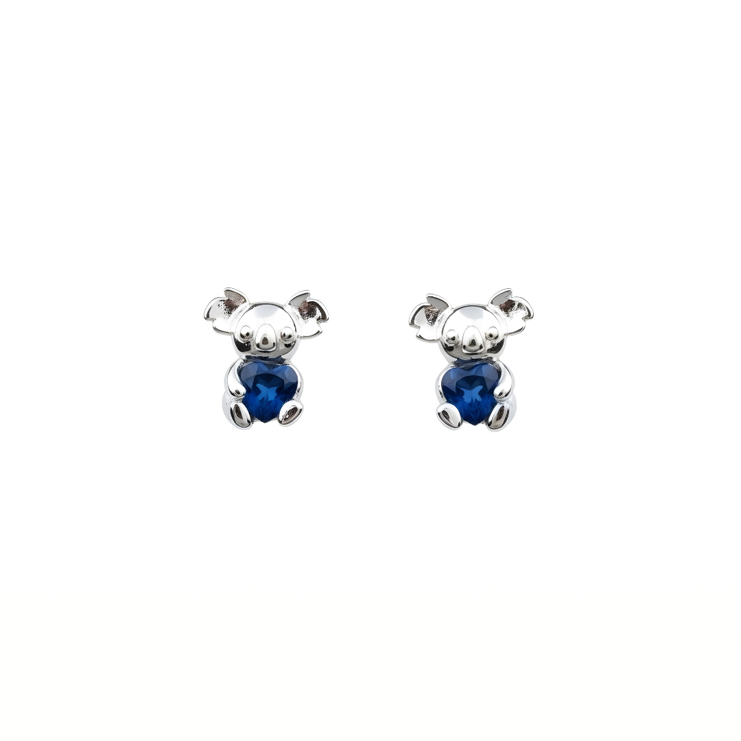 Sterling Silver Koala Stud Earrings with Heart-Shaped Blue Sapphire CZ