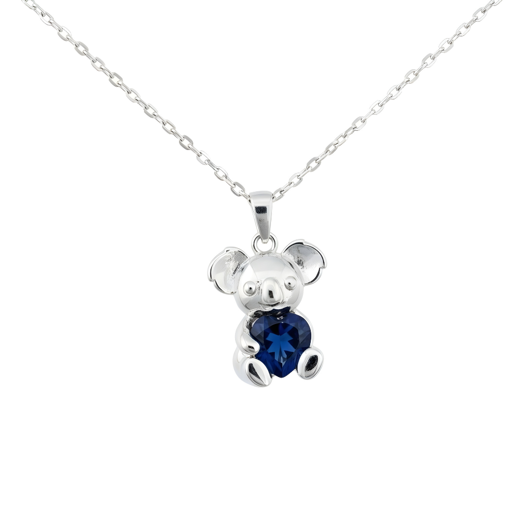 Sterling Silver Koala Pendant with Heart-Shaped Blue Sapphire CZ