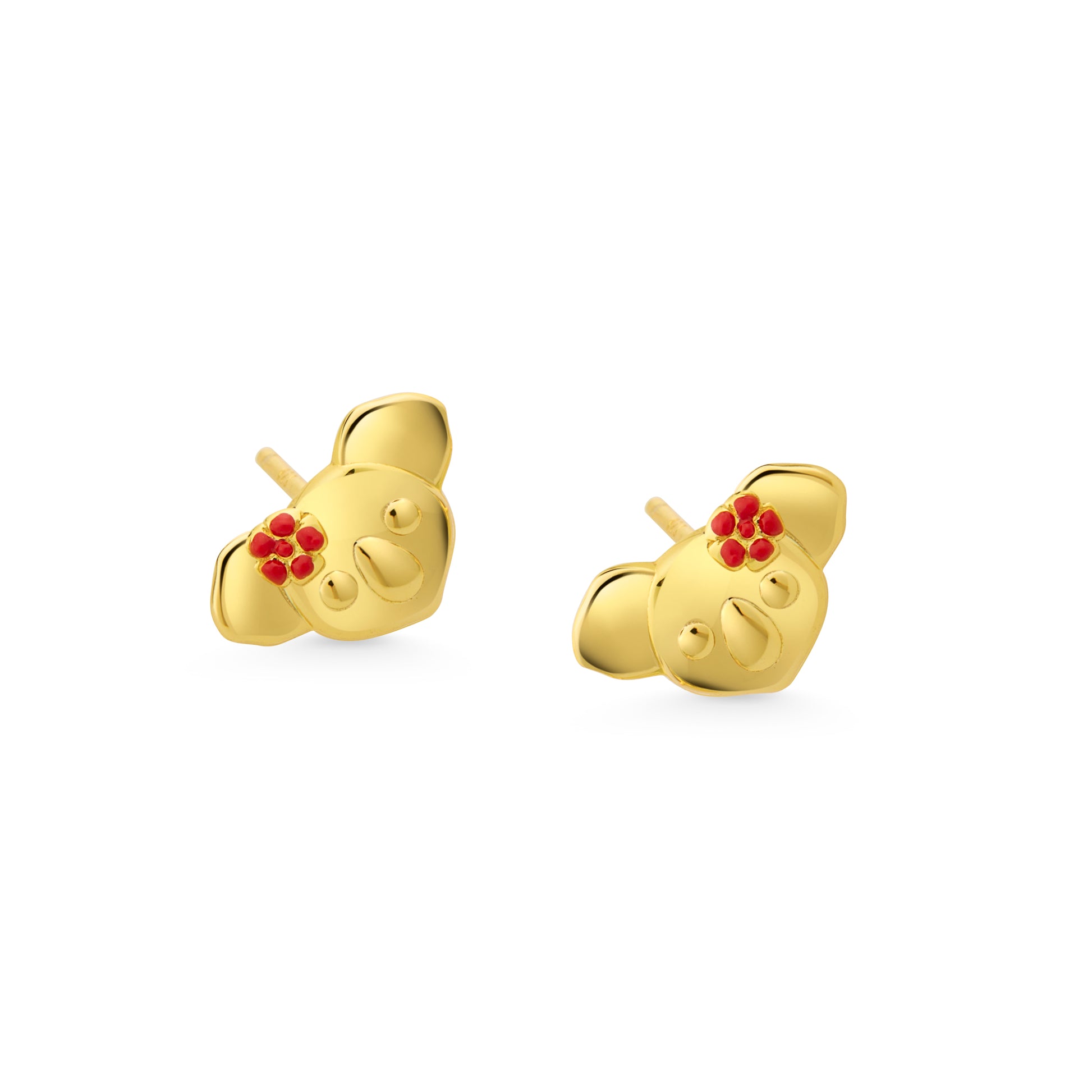 18K GOLD PLATE KOALA WITH RED ENAMEL FLOWER EARRINGS