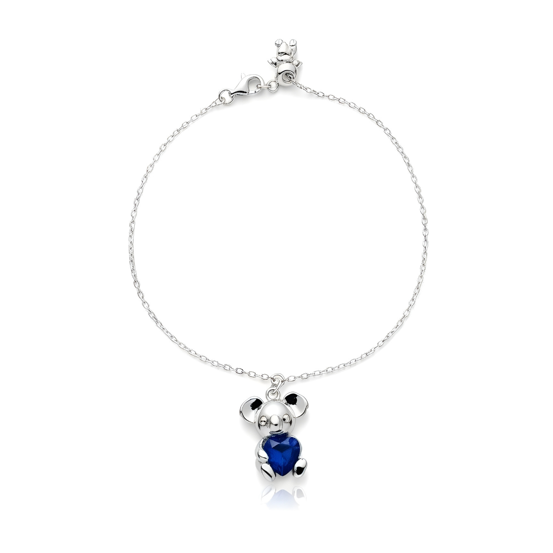 Sterling Silver Koala Charm Bracelet with Heart-Shaped Blue Sapphire CZ