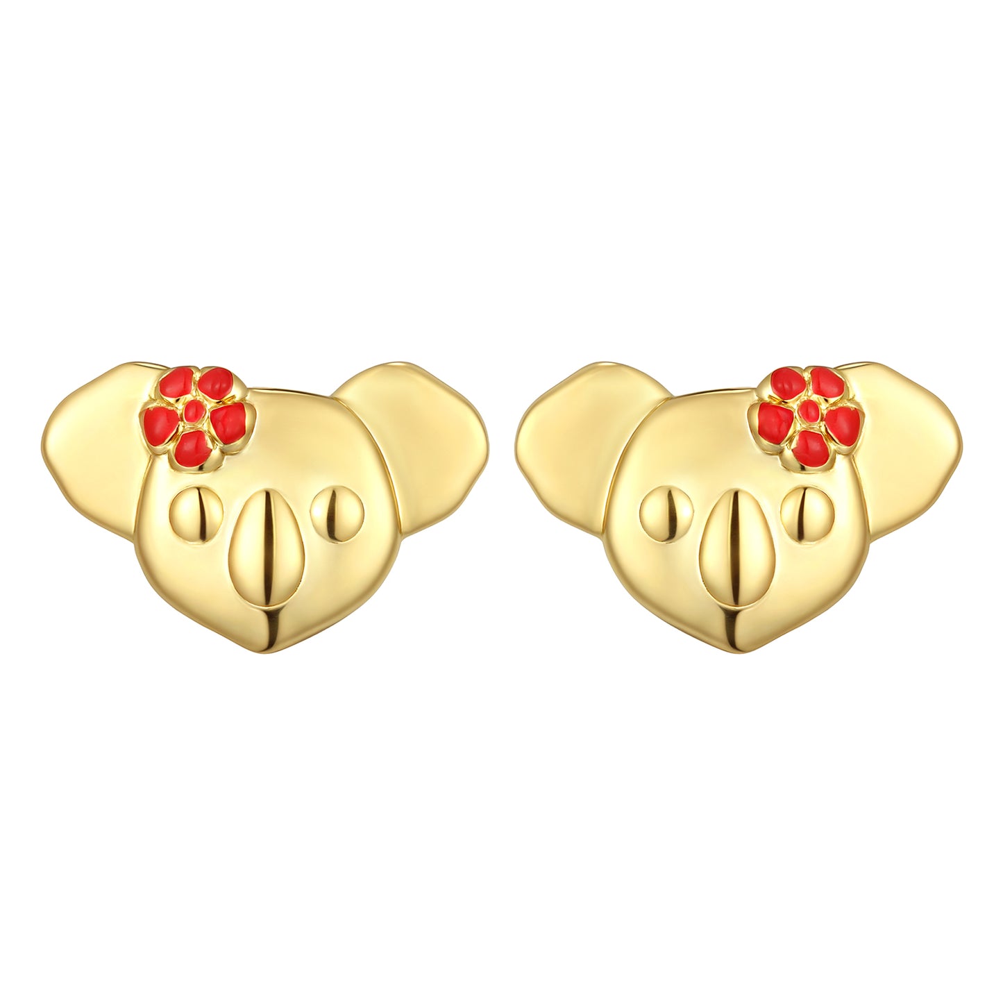 18K GOLD VERMEIL KOALA WITH RED ENAMEL FLOWER EARRINGS