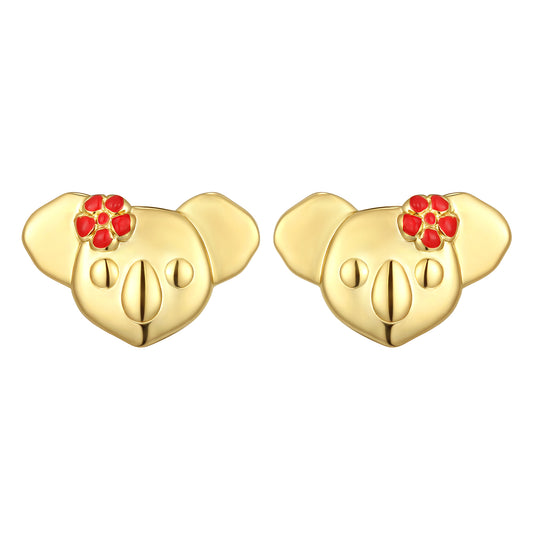 18K GOLD VERMEIL KOALA WITH RED ENAMEL FLOWER EARRINGS