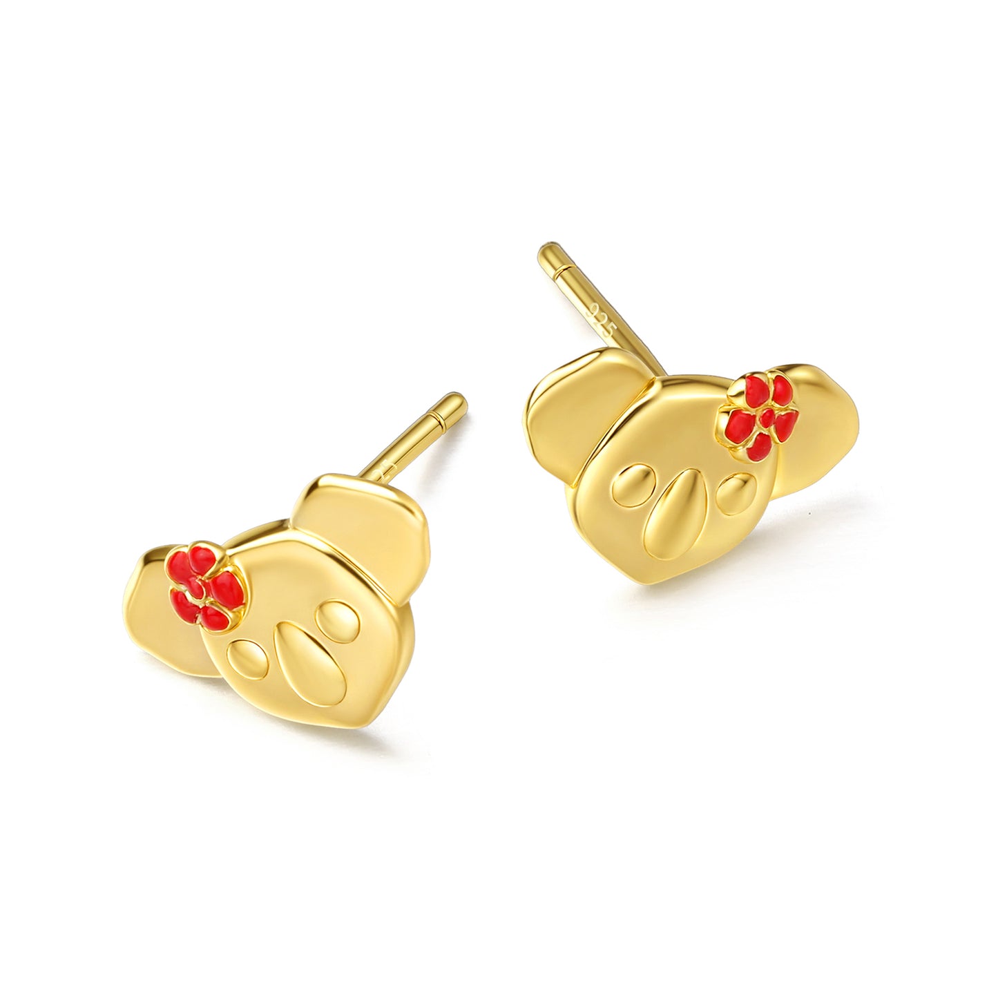 18K GOLD VERMEIL KOALA WITH RED ENAMEL FLOWER EARRINGS