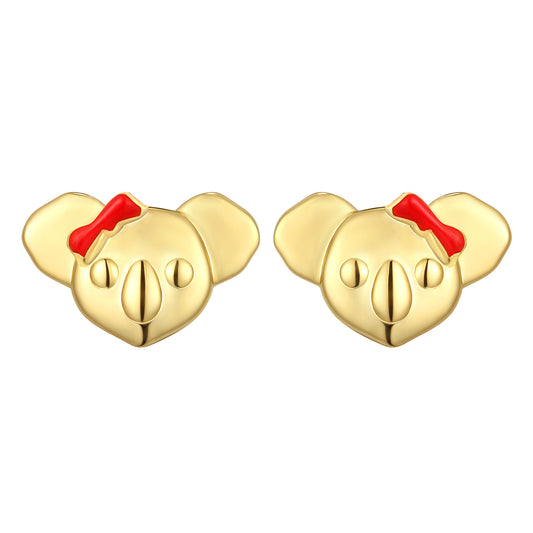 18K GOLD VERMEIL KOALA WITH RED ENAMEL BOW EARRINGS