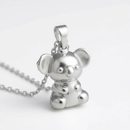 Silver 3d koala pendant on a chain against a white background