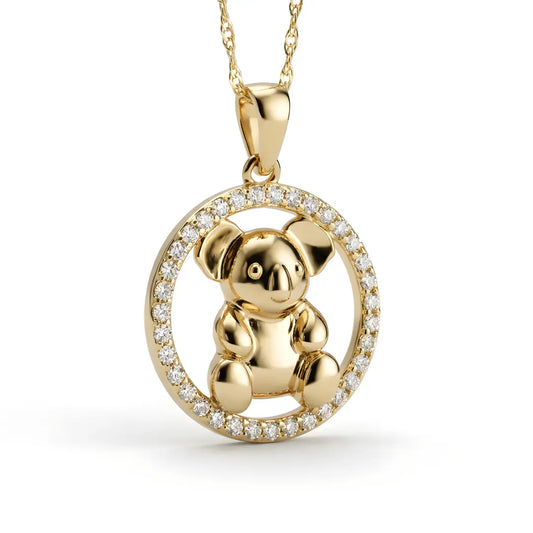 Gold Koala pendant with a circle cz on a white background