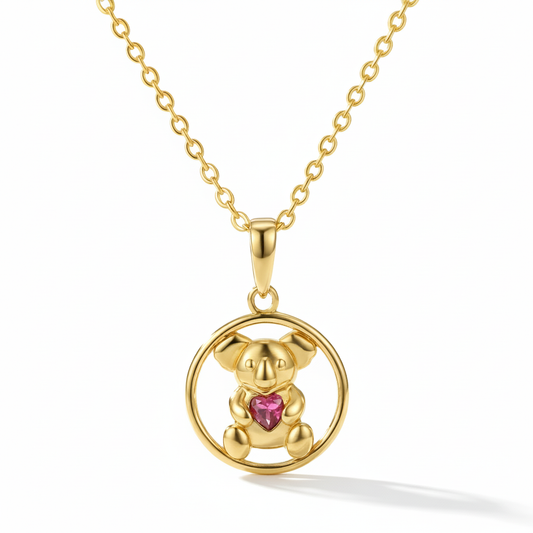 18K GOLD VERMEIL KOALA WITH RUBY CZ HEART CIRCLE PENDANT