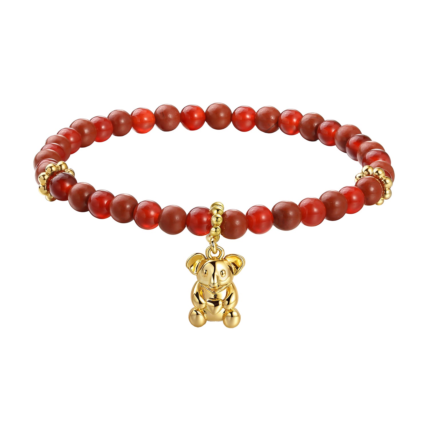A red beaded bracelet with a gold-plated koala charm