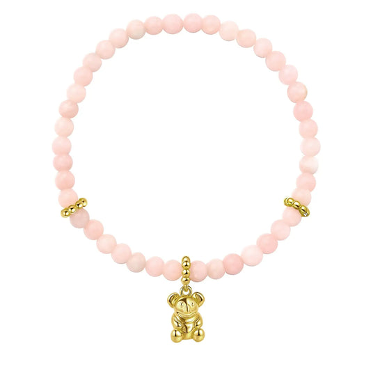 Rose Quartz beaded bracelet with a gold Plated Koala charm on a white background