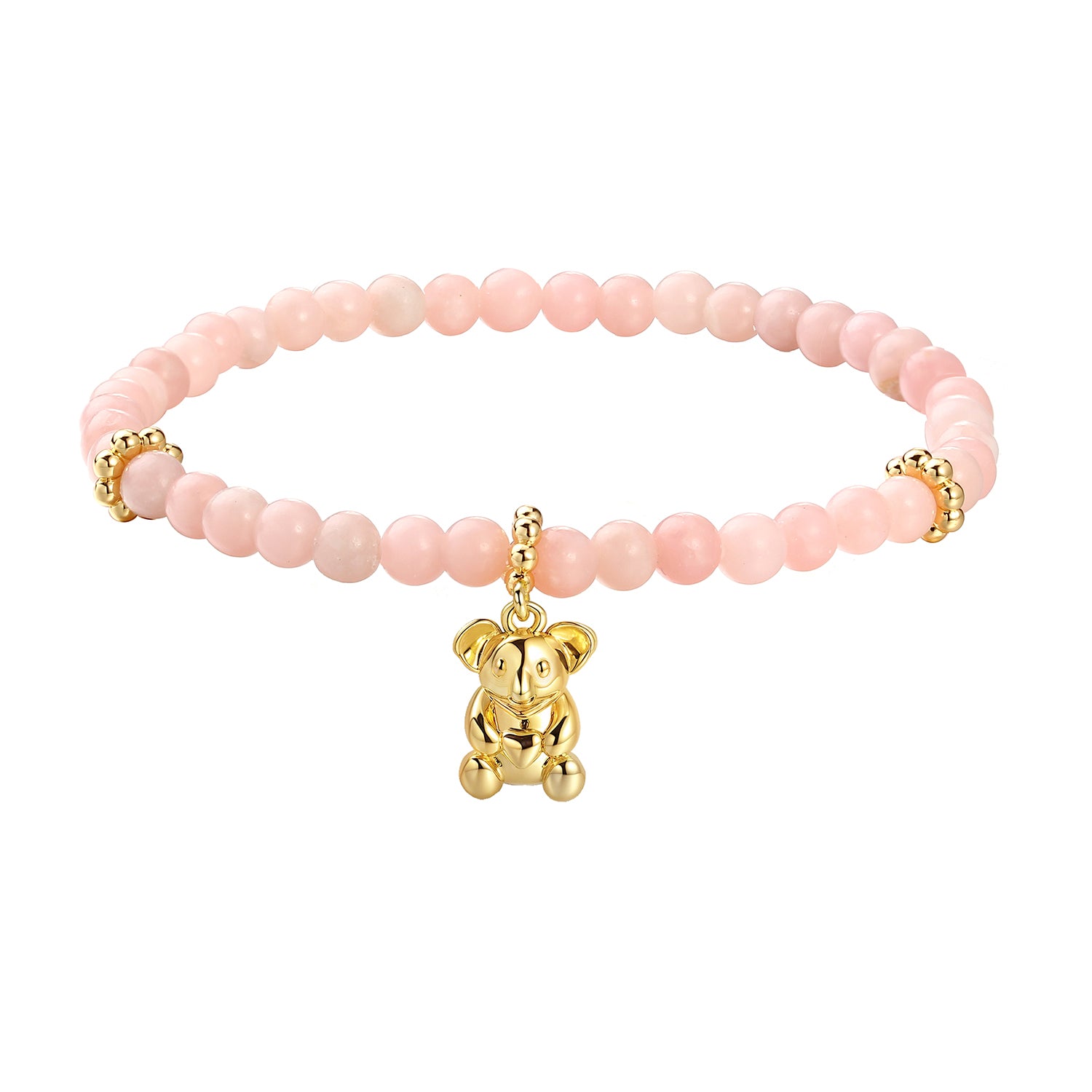 A bracelet made of rose quartz beads with a gold-plated koala charm.