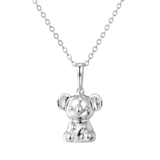 Silver Koala 3D pendant on a chain against a white background