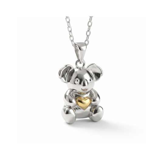 Small Sterling Silver Koala with 10K Gold Plated Heart Pendant
