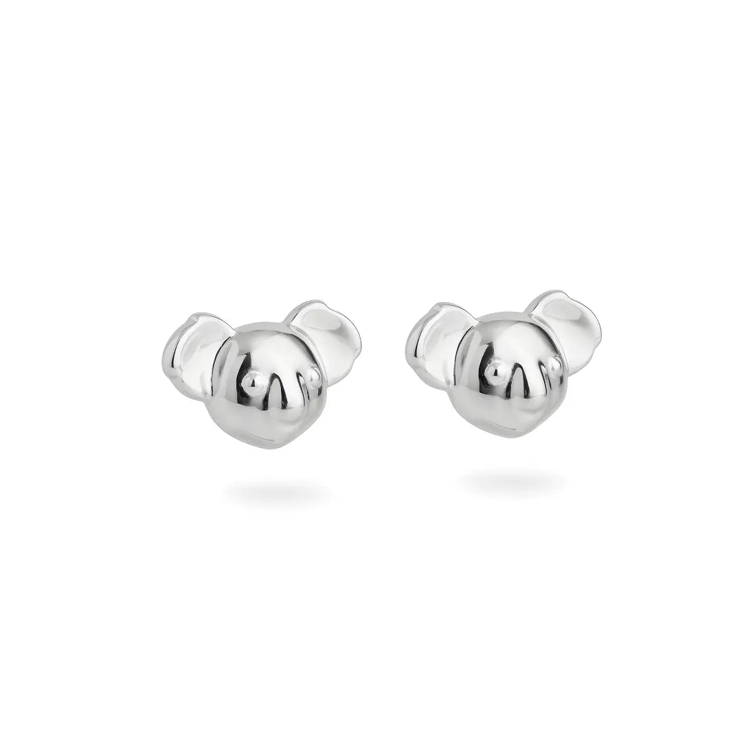 Pair of silver Koala stud earrings on a white background