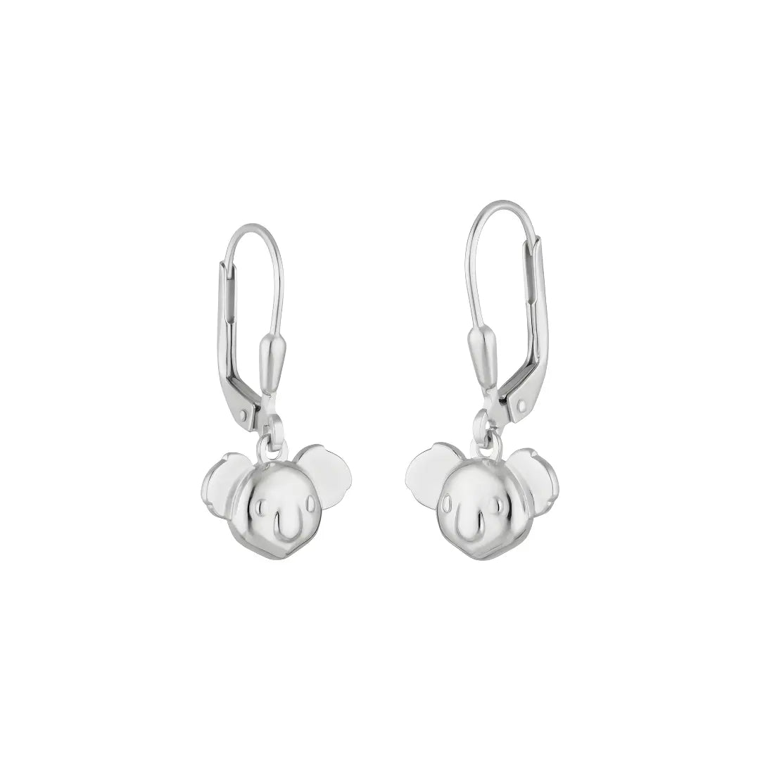 Silver Koala drop earrings on a white background