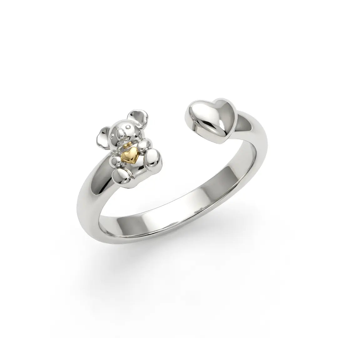 Silver ring with a small Koala and 10k Gold heart design on a white background