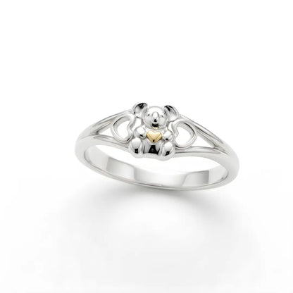Silver Koala ring with a heart-shaped gold center on a white background